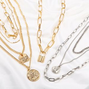 LATS Fashion Multi Layer Lock Portrait Pendants Necklaces For Women Gold Metal Key Heart Necklace New Design Jewelry Gift
