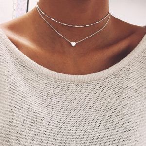 Double-layers Chain Heart Pendant Necklace Women Chokers Necklaces for Girls Fashion Jewelry Wedding Party Gift